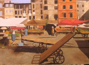 “Ricordo di Campo de’ Fiori”, Dipinto ad olio su legno, misure 64 x 46 cm, Anno 2011 di Maurizio Ciccani