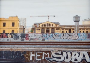 "Ex Mercati generali 2 " Dipinto ad olio su legno , misure 80 x 190 cm, Anno 2014 di Maurizio Ciccani