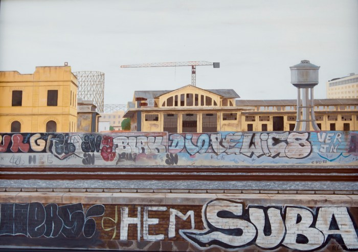 "Ex Mercati generali 2 " Dipinto ad olio su legno , misure 80 x 190 cm, Anno 2014 di Maurizio Ciccani