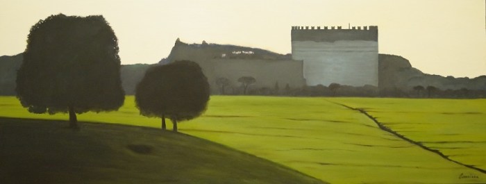 “Cecilia Metella”, Dipinto ad olio su legno, misure 36 x 94,5, Anno 2012 di Maurizio Ciccani