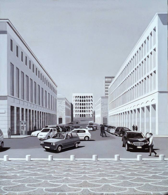 Dipinto ad olio su legno "Quadrato della concordia" alias Colosseo quadrato dipinto ad olio su legno misure 92 x 79 cm Maurizio Ciccani