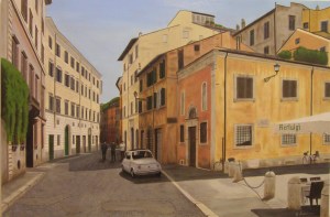 “Via Monserrato una domenica d’agosto” dipinto ad olio su legno, misure 60 x 90 cm, Anno 2012 di Maurizio Ciccani