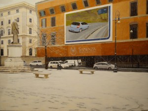 “Piazza della Chiesa Nuova“, Dipinto ad olio su legno, misure 122 x 162 cm, Anno 2011