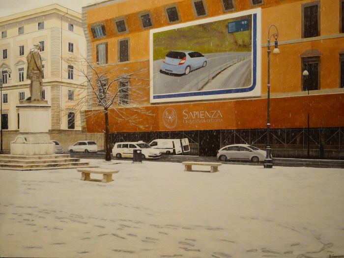 “Piazza della Chiesa Nuova“, Dipinto ad olio su legno, misure 122 x 162 cm, Anno 2011 di Maurizio Ciccani